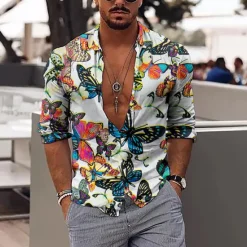 Outlet OUKU Men's Butterfly Shirt Long Sleeve Sports Fashion Designer Daily Holiday Summer Spring Turndown Print Blue