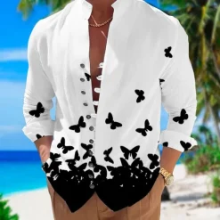 Best OUKU Men's Butterfly Shirt Summer Hawaiian Shirt Aloha Shirt Long Sleeve Shirt Stand Collar Fashion Designer Casual Outdoor Vacation Street Black White+Black White S M L