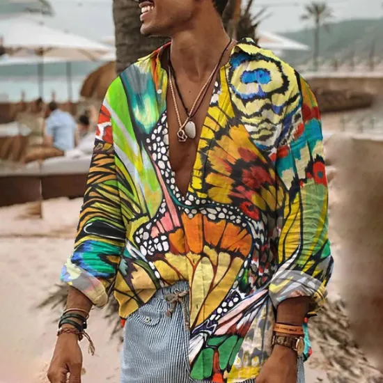 Hot OUKU Men's Butterfly Shirt Summer Hawaiian Shirt Aloha Shirt Long Sleeve Shirt Turndown Fashion Streetwear Designer Outdoor Street Casual White Yellow Green S M L