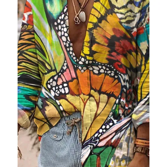 Hot OUKU Men's Butterfly Shirt Summer Hawaiian Shirt Aloha Shirt Long Sleeve Shirt Turndown Fashion Streetwear Designer Outdoor Street Casual White Yellow Green S M L