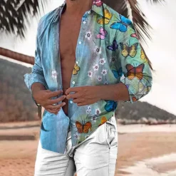 Hot OUKU Men's Butterfly Shirt Summer Hawaiian Shirt Aloha Shirt Long Sleeve Shirt Turndown Fashion Streetwear Designer Outdoor Street Casual White Yellow Green S M L