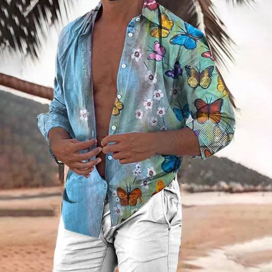Hot OUKU Men's Butterfly Shirt Summer Hawaiian Shirt Aloha Shirt Long Sleeve Shirt Turndown Fashion Streetwear Designer Outdoor Street Casual White Yellow Green S M L