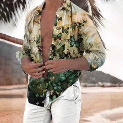 Hot OUKU Men's Butterfly Shirt Summer Hawaiian Shirt Aloha Shirt Long Sleeve Shirt Turndown Fashion Streetwear Designer Outdoor Street Casual White Yellow Green S M L