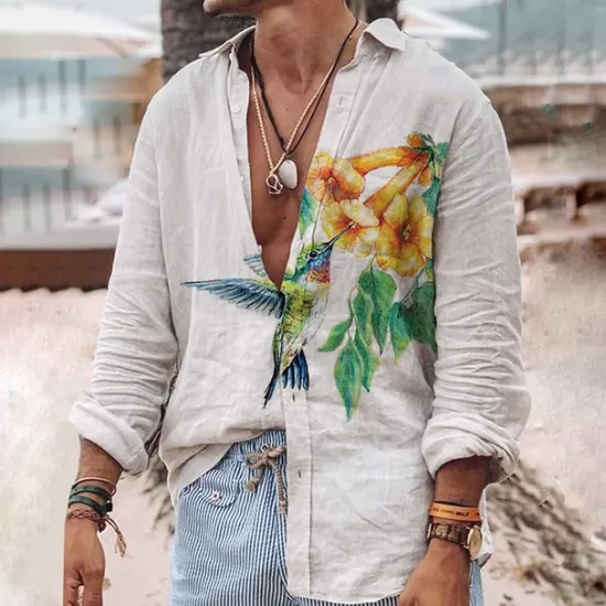 Hot OUKU Men's Butterfly Shirt Summer Hawaiian Shirt Aloha Shirt Long Sleeve Shirt Turndown Fashion Streetwear Designer Outdoor Street Casual White Yellow Green S M L