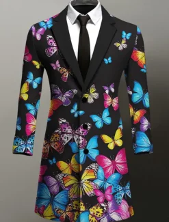 OUKU Men's Butterfly Winter Coat Overcoat Coat Warm Breathable Comfortable Business Artistic Work Wear to work Going out Pocket Print Fall & Winter Turndown Long Sleeve Blue Purple