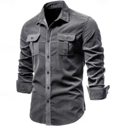 Best OUKU Men's Button Down Shirt Casual Shirt Corduroy Shirt Navy Blue Blue Green khaki Gray Long Sleeve Solid Color Turndown Shirt Collar Outdoor Daily Clothing Apparel Warm Daily