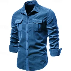 Best OUKU Men's Button Down Shirt Casual Shirt Corduroy Shirt Navy Blue Blue Green khaki Gray Long Sleeve Solid Color Turndown Shirt Collar Outdoor Daily Clothing Apparel Warm Daily