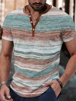 Best OUKU Men's Button T Shirt Henley Shirt Tee Top Short Sleeves Henley Summer Plain Gradual Fashion Designer Basic Vacation Street Going out Pink Blue Purple Top Tee for Men