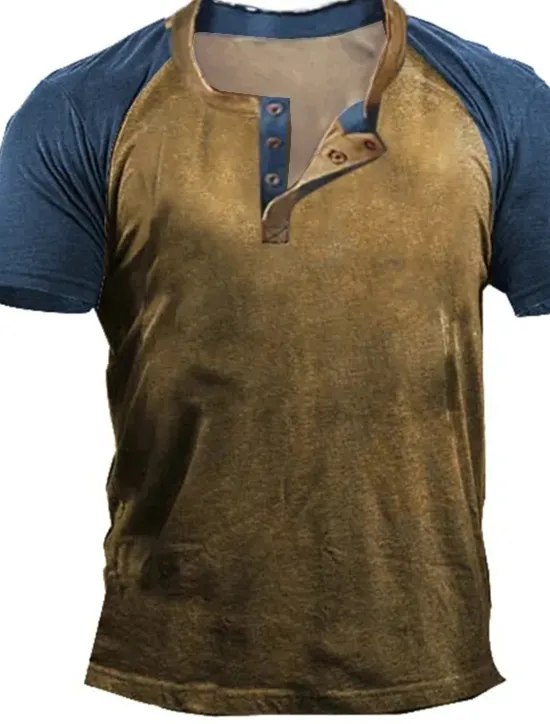OUKU Men's Button T Shirt Henley Shirt Tee Short Sleeve Henley Spring & Fall Graphic Color Block Fashion Designer Comfortable Print Button-Down Outdoor Casual Daily Top Tee for Men Brown