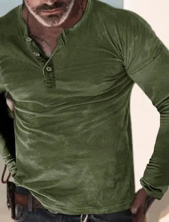 Online OUKU Men's Button T Shirt Henley Shirt Long Sleeve Shirt Long Sleeve Henley Summer Plain Designer Comfortable Fashion Basic Vacation Casual Daily Wear Navy Blue Army Green Top Tee for Men