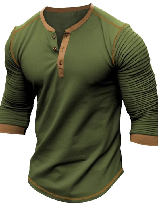 Best OUKU Men's Button T Shirt T Shirt Henley Shirt Tee Top Long Sleeve Henley Spring & Fall Slim Pleated Raglan Sleeve Fashion Designer Basic Patchwork Vacation Street Going out Black Navy Blue Brown Top Tee