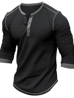 Best OUKU Men's Button T Shirt T Shirt Henley Shirt Tee Top Long Sleeve Henley Spring & Fall Slim Pleated Raglan Sleeve Fashion Designer Basic Patchwork Vacation Street Going out Black Navy Blue Brown Top Tee