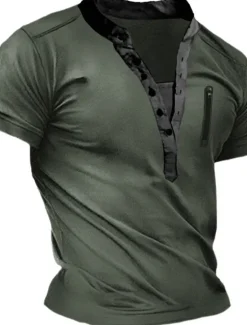 OUKU Men's Button T Shirt T Shirt Henley Shirt Tee Top Short Sleeves Henley Summer Plain Fashion Designer Basic Vacation Street Going out Navy Blue Brown Green Top Tee for Men