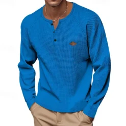 OUKU Men's Button T Shirt T Shirt Waffle Henley Shirt Henley Shirt Long Sleeve Henley Spring Fall Plain Fashion Designer Basic Buttons Vacation Street Going out Black Blue Khaki Top Tee for Men