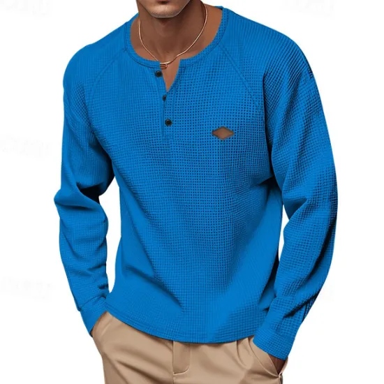 OUKU Men's Button T Shirt T Shirt Waffle Henley Shirt Henley Shirt Long Sleeve Henley Spring Fall Plain Fashion Designer Basic Buttons Vacation Street Going out Black Blue Khaki Top Tee for Men
