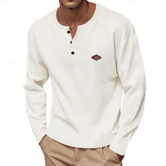 OUKU Men's Button T Shirt T Shirt Waffle Henley Shirt Henley Shirt Long Sleeve Henley Spring Fall Plain Fashion Designer Basic Buttons Vacation Street Going out Black Blue Khaki Top Tee for Men