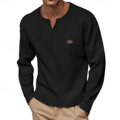 OUKU Men's Button T Shirt T Shirt Waffle Henley Shirt Henley Shirt Long Sleeve Henley Spring Fall Plain Fashion Designer Basic Buttons Vacation Street Going out Black Blue Khaki Top Tee for Men