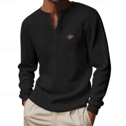 OUKU Men's Button T Shirt T Shirt Waffle Henley Shirt Henley Shirt Long Sleeve Henley Spring Fall Plain Fashion Designer Basic Buttons Vacation Street Going out Black Blue Khaki Top Tee for Men