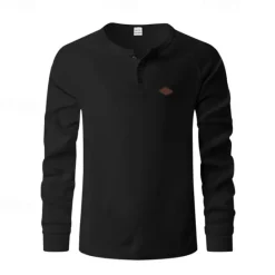 OUKU Men's Button T Shirt T Shirt Waffle Henley Shirt Henley Shirt Long Sleeve Henley Spring Fall Plain Fashion Designer Basic Buttons Vacation Street Going out Black Blue Khaki Top Tee for Men