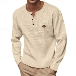 OUKU Men's Button T Shirt T Shirt Waffle Henley Shirt Henley Shirt Long Sleeve Henley Spring Fall Plain Fashion Designer Basic Buttons Vacation Street Going out Black Blue Khaki Top Tee for Men