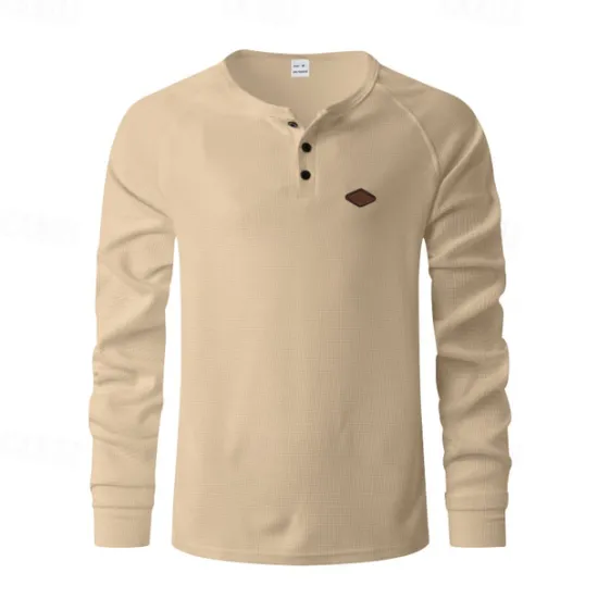 OUKU Men's Button T Shirt T Shirt Waffle Henley Shirt Henley Shirt Long Sleeve Henley Spring Fall Plain Fashion Designer Basic Buttons Vacation Street Going out Black Blue Khaki Top Tee for Men