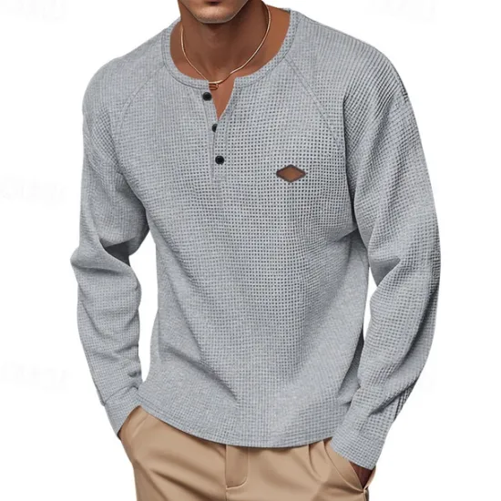 OUKU Men's Button T Shirt T Shirt Waffle Henley Shirt Henley Shirt Long Sleeve Henley Spring Fall Plain Fashion Designer Basic Buttons Vacation Street Going out Black Blue Khaki Top Tee for Men