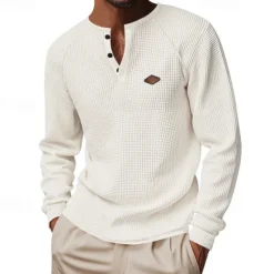 OUKU Men's Button T Shirt T Shirt Waffle Henley Shirt Henley Shirt Long Sleeve Henley Spring Fall Plain Fashion Designer Basic Buttons Vacation Street Going out Black Blue Khaki Top Tee for Men