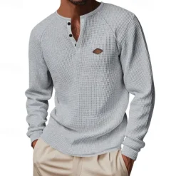 OUKU Men's Button T Shirt T Shirt Waffle Henley Shirt Henley Shirt Long Sleeve Henley Spring Fall Plain Fashion Designer Basic Buttons Vacation Street Going out Black Blue Khaki Top Tee for Men