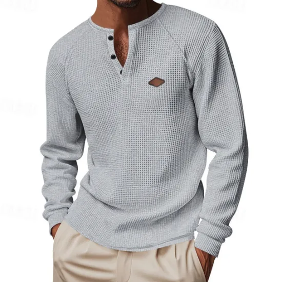 OUKU Men's Button T Shirt T Shirt Waffle Henley Shirt Henley Shirt Long Sleeve Henley Spring Fall Plain Fashion Designer Basic Buttons Vacation Street Going out Black Blue Khaki Top Tee for Men