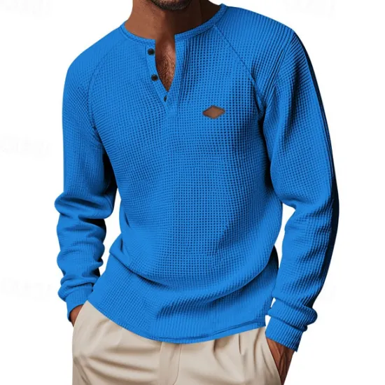 OUKU Men's Button T Shirt T Shirt Waffle Henley Shirt Henley Shirt Long Sleeve Henley Spring Fall Plain Fashion Designer Basic Buttons Vacation Street Going out Black Blue Khaki Top Tee for Men