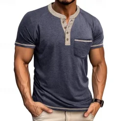 New OUKU Men's Button T Shirt T Shirt Henley Shirt Short Sleeve Shirt Short Sleeve Henley Summer Color Block Solid / Plain Color Fashion Designer Fashion Vacation Street Going out Navy Black White Top Tee for