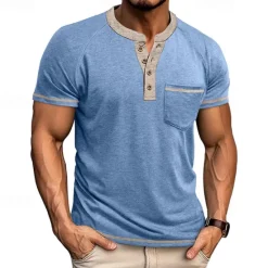 New OUKU Men's Button T Shirt T Shirt Henley Shirt Short Sleeve Shirt Short Sleeve Henley Summer Color Block Solid / Plain Color Fashion Designer Fashion Vacation Street Going out Navy Black White Top Tee for