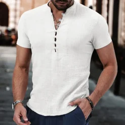 New OUKU Men's Button T Shirt T Shirt Henley Shirt Tee Short Sleeve Henley Summer Spring Plain Fashion Designer Basic Buttons Vacation Street Going out Apricot Black White Top Tee for Men