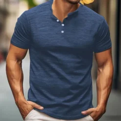 Outlet OUKU Men's Button T Shirt T Shirt Henley Shirt Tee Short Sleeve Henley Spring & Summer Plain Fashion Designer Basic Vacation Street Going out Apricot White Blue Top Tee for Men