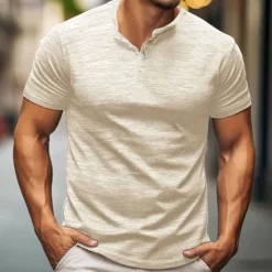 Outlet OUKU Men's Button T Shirt T Shirt Henley Shirt Tee Short Sleeve Henley Spring & Summer Plain Fashion Designer Basic Vacation Street Going out Apricot White Blue Top Tee for Men