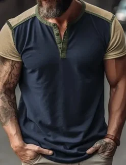 Hot OUKU Men's Button T Shirt T Shirt Tee Top Short Sleeves Crew Neck Summer Color Block Fashion Designer Basic Patchwork Vacation Street Going out Top Tee for Men Navy Blue