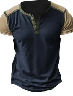 Hot OUKU Men's Button T Shirt T Shirt Tee Top Short Sleeves Crew Neck Summer Color Block Fashion Designer Basic Patchwork Vacation Street Going out Top Tee for Men Navy Blue