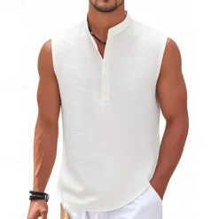 Clearance OUKU Men's Button T Shirt T Shirt Henley Shirt Tee Sleeveless Henley Summer Plain Fashion Designer Basic Buttons Vacation Street Going out Lake blue Black White Top Tee for Men