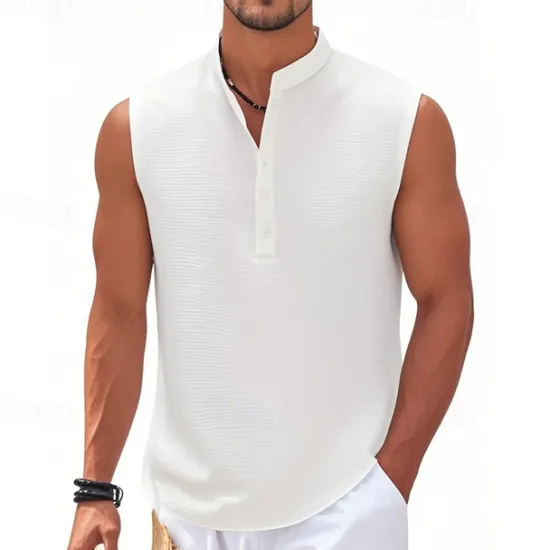 Clearance OUKU Men's Button T Shirt T Shirt Henley Shirt Tee Sleeveless Henley Summer Plain Fashion Designer Basic Buttons Vacation Street Going out Lake blue Black White Top Tee for Men