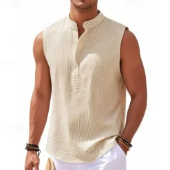 Clearance OUKU Men's Button T Shirt T Shirt Henley Shirt Tee Sleeveless Henley Summer Plain Fashion Designer Basic Buttons Vacation Street Going out Lake blue Black White Top Tee for Men