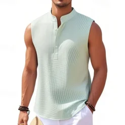 Clearance OUKU Men's Button T Shirt T Shirt Henley Shirt Tee Sleeveless Henley Summer Plain Fashion Designer Basic Buttons Vacation Street Going out Lake blue Black White Top Tee for Men