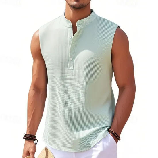 Clearance OUKU Men's Button T Shirt T Shirt Henley Shirt Tee Sleeveless Henley Summer Plain Fashion Designer Basic Buttons Vacation Street Going out Lake blue Black White Top Tee for Men