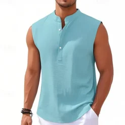 Clearance OUKU Men's Button T Shirt T Shirt Henley Shirt Tee Sleeveless Henley Summer Plain Fashion Designer Basic Buttons Vacation Street Going out Lake blue Black White Top Tee for Men