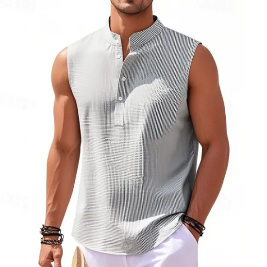 Clearance OUKU Men's Button T Shirt T Shirt Henley Shirt Tee Sleeveless Henley Summer Plain Fashion Designer Basic Buttons Vacation Street Going out Lake blue Black White Top Tee for Men