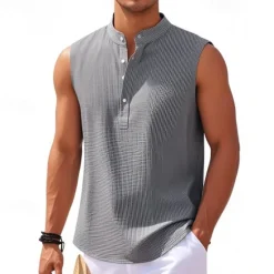 Clearance OUKU Men's Button T Shirt T Shirt Henley Shirt Tee Sleeveless Henley Summer Plain Fashion Designer Basic Buttons Vacation Street Going out Lake blue Black White Top Tee for Men
