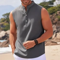 Clearance OUKU Men's Button T Shirt T Shirt Henley Shirt Tee Sleeveless Henley Summer Plain Fashion Designer Basic Buttons Vacation Street Going out Lake blue Black White Top Tee for Men