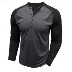 Best OUKU Men's Button T Shirt T Shirt Henley Shirt Tee Long Sleeve Henley Spring & Fall Color Block Fashion Designer Basic Patchwork Vacation Street Going out Black Dark Red Yellow Top Tee for Men