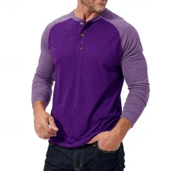 Best OUKU Men's Button T Shirt T Shirt Henley Shirt Tee Long Sleeve Henley Spring & Fall Color Block Fashion Designer Basic Patchwork Vacation Street Going out Black Dark Red Yellow Top Tee for Men
