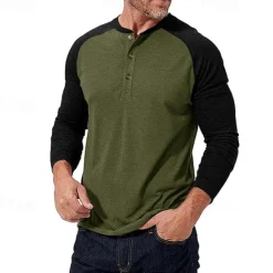 Best OUKU Men's Button T Shirt T Shirt Henley Shirt Tee Long Sleeve Henley Spring & Fall Color Block Fashion Designer Basic Patchwork Vacation Street Going out Black Dark Red Yellow Top Tee for Men