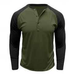 Best OUKU Men's Button T Shirt T Shirt Henley Shirt Tee Long Sleeve Henley Spring & Fall Color Block Fashion Designer Basic Patchwork Vacation Street Going out Black Dark Red Yellow Top Tee for Men
